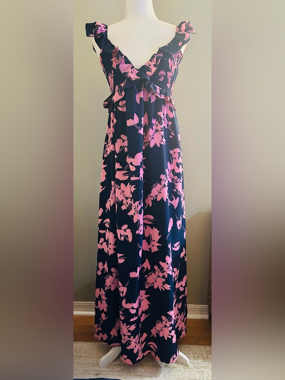 Navy and Pink Floral Print Flowy Maxi Dress with Back Tie - Medium